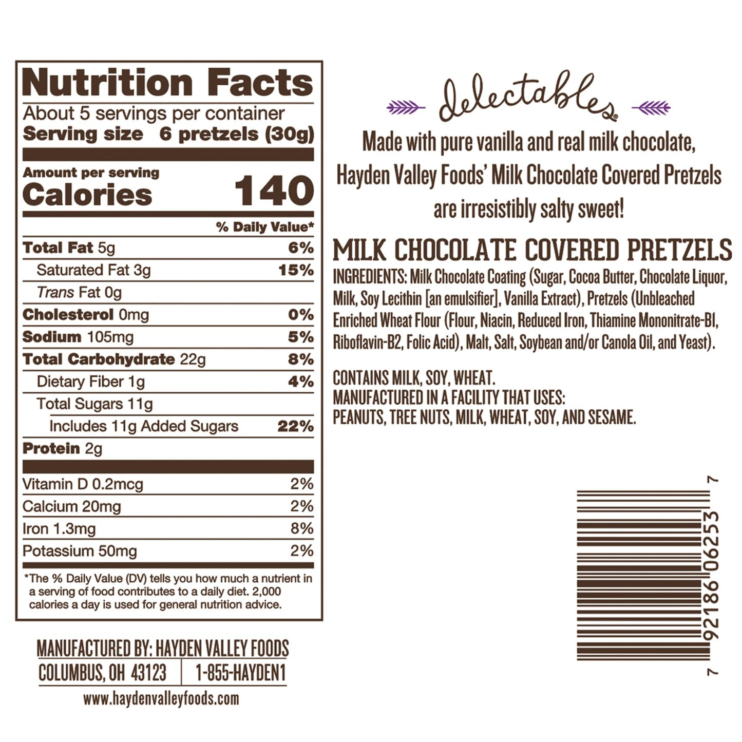 Hayden Valley Foods Milk Chocolate Covered Pretzels, 5 oz Bags, Pack of 12, No Artificial Flavors or Preservatives, Gourmet Snacks