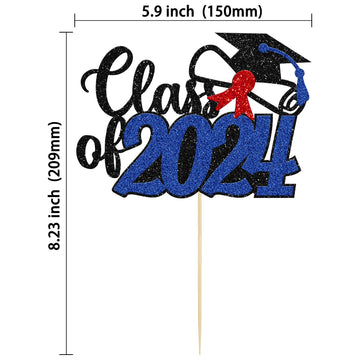 Gyufise 1Pcs Blue Glitter Class Of 2024 Cake Topper Happy Graduation Diploma Cap Cake Decoration Congrats Grad Party Decorations