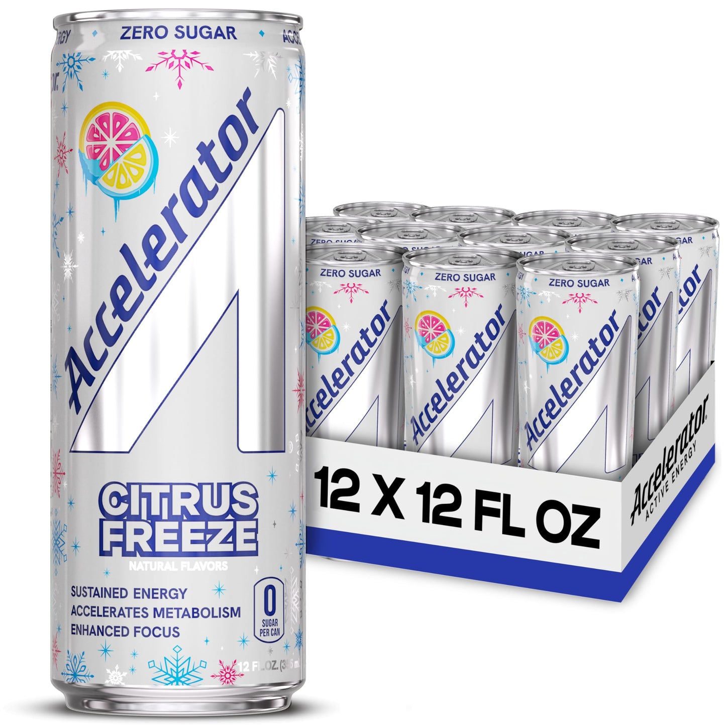 Accelerator Energy Drink Citrus Freeze 12Oz Can (12 Pack) Zero Sugar Sustained Energy From 100% Natural Energy Blend (200Mg From Green Coffee Bean & Green Tea Extract)