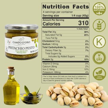 Campo D'Oro - Pistachio Pesto, Paste, Unsweetened, Sicilian Pesto Sauce, Savory, Creamy, Spreadable, 6.35Oz, Sicily