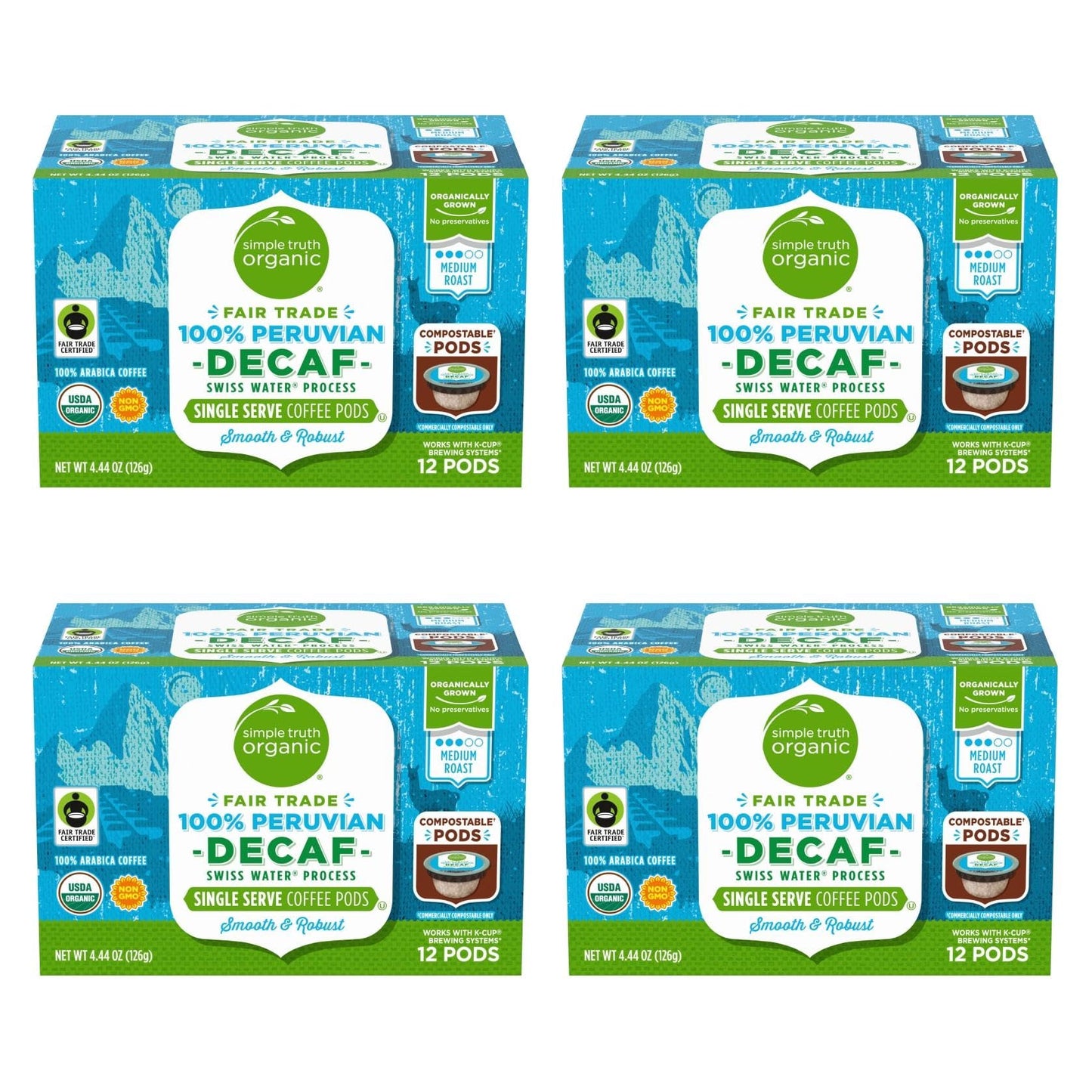 Organic Simple Truth Decaf Coffee Pods, 100% Peruvian, Medium Roast, 5.5 oz (Pack of 4)