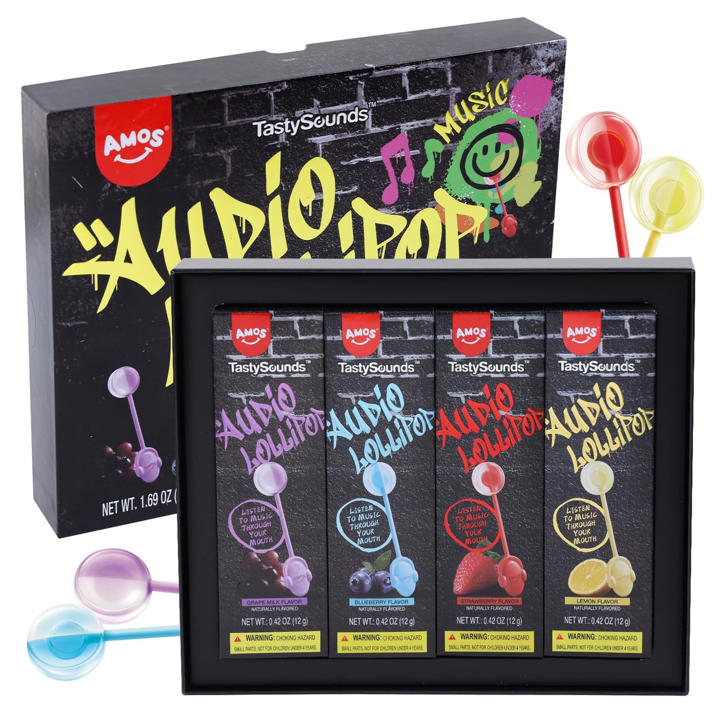 Amos Music Lollipop Candy Suckers – Tastysounds Audio Hip Hop Singing Lollipop, Assorted Fruit Flavors, Sugar-Free, Low-Calorie Snack, 4-Pack Gift Box