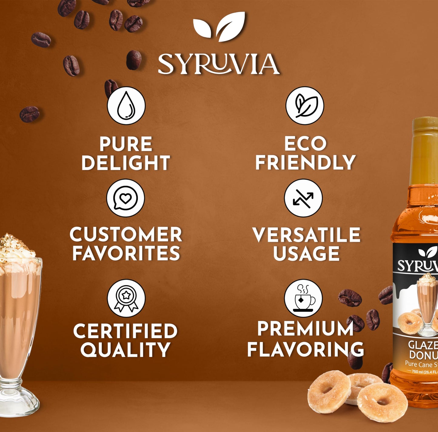 Syruvia Glazed Donut Coffee Syrup - 25.4 Fl Oz Premium Coffee Flavoring Syrup - Kosher Coffee Syrups, Gluten Free, No Coloring,