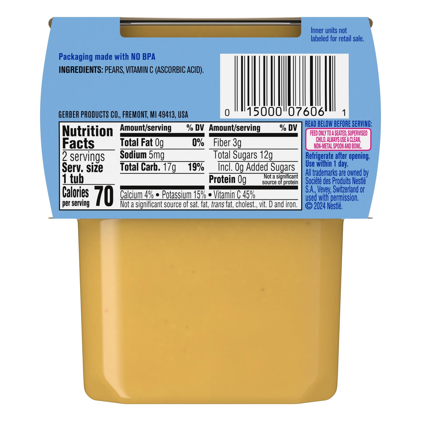 Gerber 2Nd Food Baby Food Pear Puree, Natural & Non-Gmo, 4 Ounce Tubs, 2-Pack (Pack Of 8)