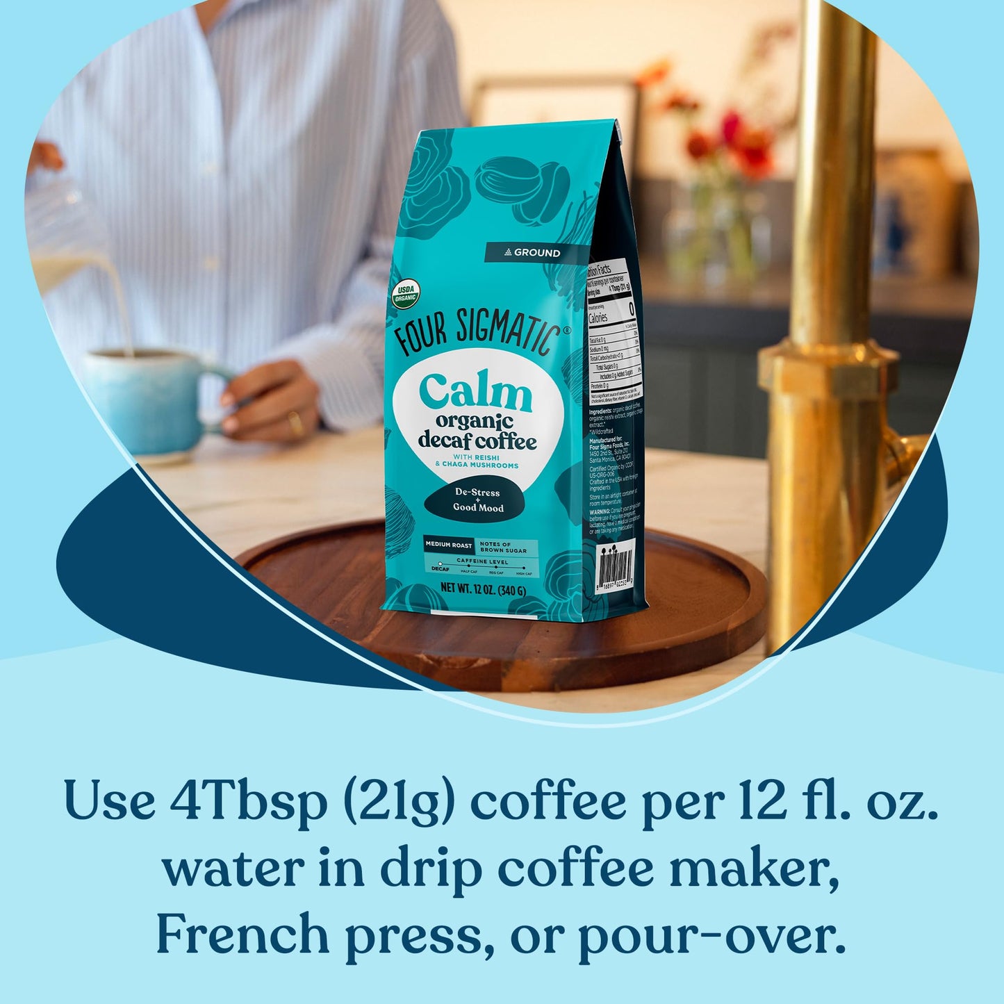 Four Sigmatic Calm Organic Decaf Ground Coffee | Swiss Water Decaf Coffee Ground | Decaffeinated Coffee With Chaga & Reishi Mush