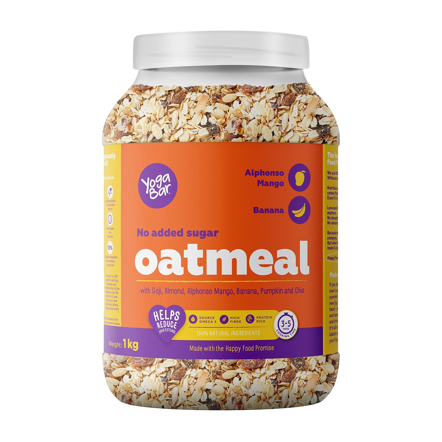 Yogabar No Added Sugar Oatmeal 1kg - with Alphonso Mango, Chia Seeds and Real Fruits & Berries - Whole Breakfast Oatmeal Cereal