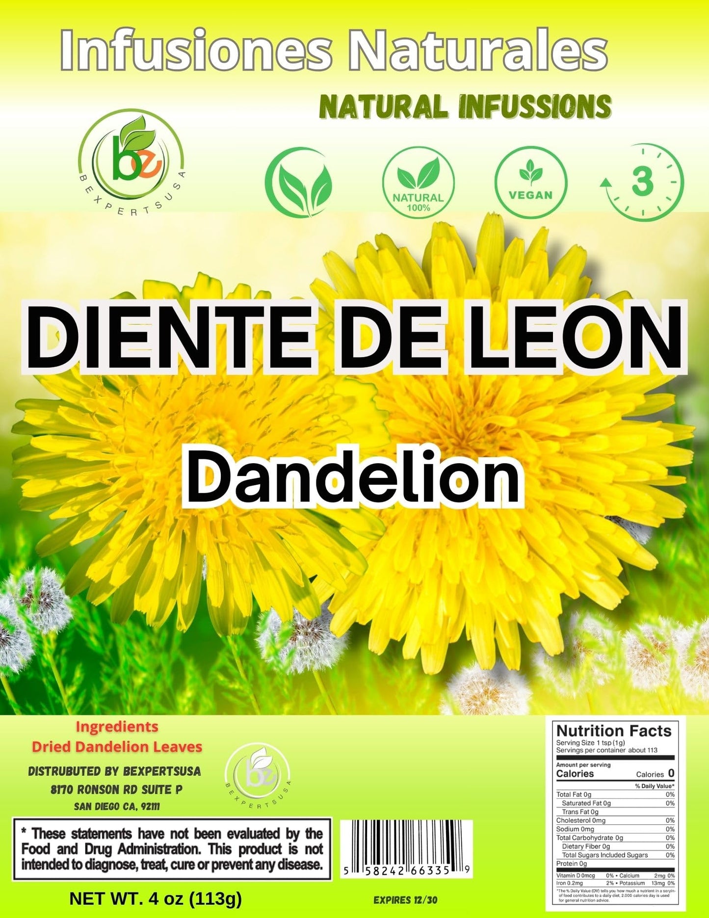 Diente de Le?n Herbal Tea - Dandelion Loose Leaf - 4 oz (113 g) - 100% Natural Vegan Non-GMO Caffeine-Free - Traditional Herbal Infusion - by BexpertsUSA