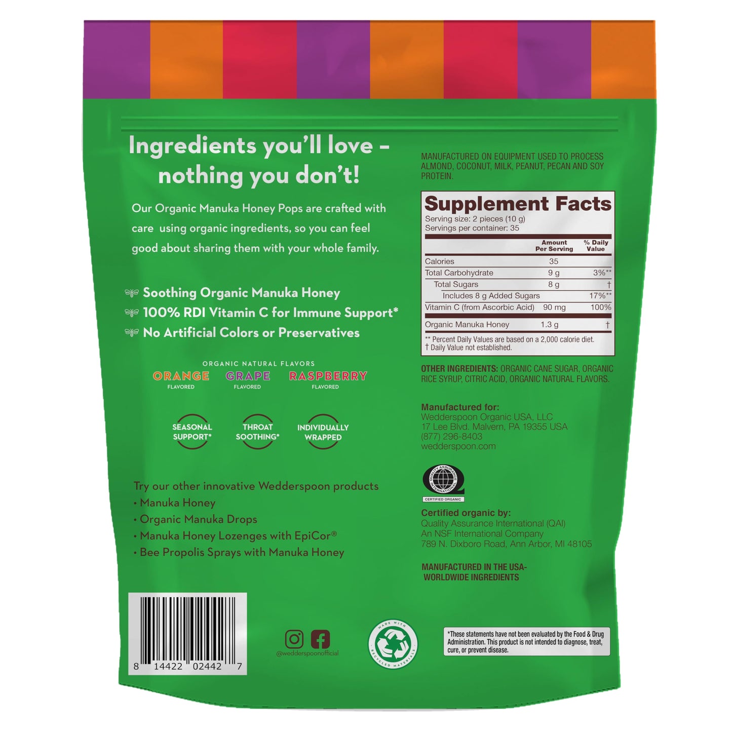 Wedderspoon Organic Manuka Honey Lollipops, Variety Pack, 70 Count (Pack Of 1) Genuine Manuka Honey + Vitamin C No Artificial Fl