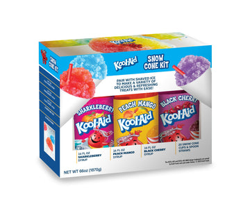 Kool-Aid Snow Cone Syrup Party Kit - Sharkleberry, Peach Mango, Black Cherry - 20 Snow Cone Cups & Spoon Straws