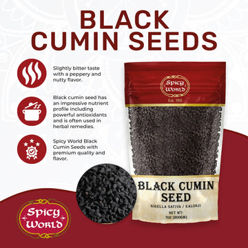 Spicy World Black Cumin Seeds 7Oz - Nigella Sativa - Resealable Bag | Whole Black Seed (Kalonji) Great For Health, Making Black Seed Oil & More!