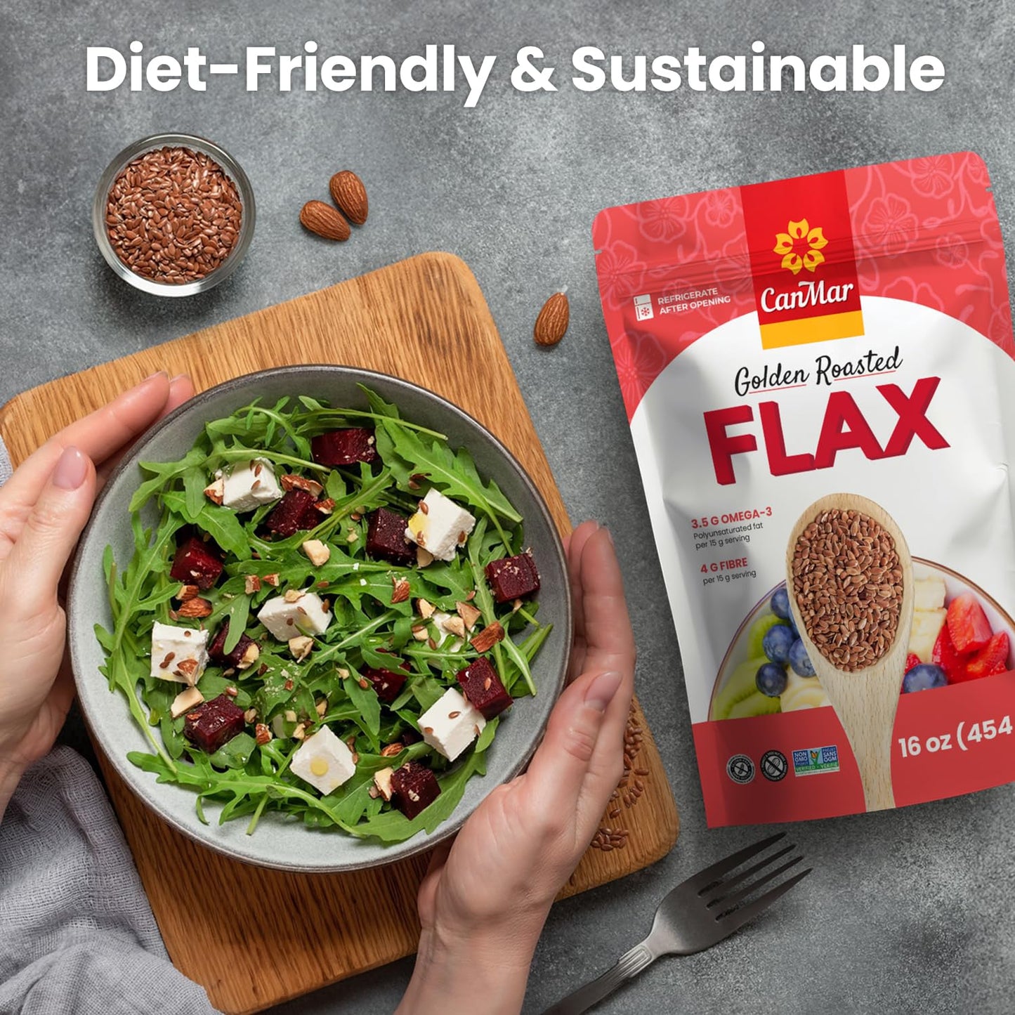 Canmar Golden Roasted Whole Flax Seeds 16 Oz (1 Lb), Non-Gmo, Gluten Free & Vegan, Flaxseed With Omega-3, Fiber, Rich In Ala Fat