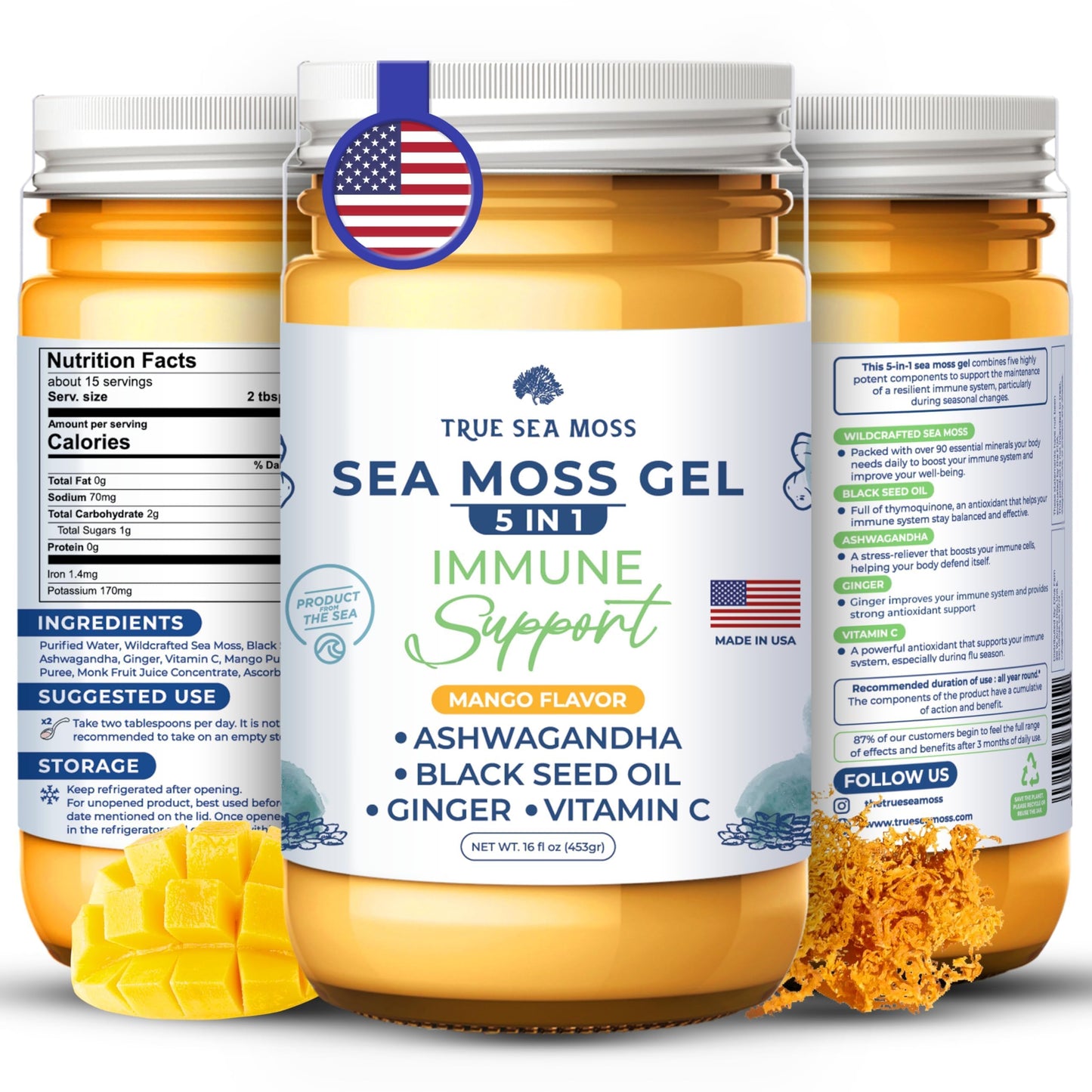 TrueSeaMoss Wildcrafted Irish Sea Moss Gel with Ashwagandha- Made with Organic Seamoss - Vegan-Friendly - Supports Health Made in USA from Fresh Sea Vegetables (5 in 1 Pack of 3)