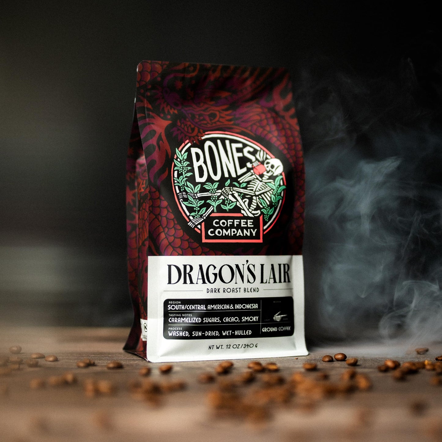 Bones Coffee Company Dragon'S Lair Ground Coffee Beans, Low Acid Flavored Coffee, Made With Arabica Coffee Beans, Dark Roast Gourmet Coffee, Coffee Lover Gift Ideas (12 Oz)