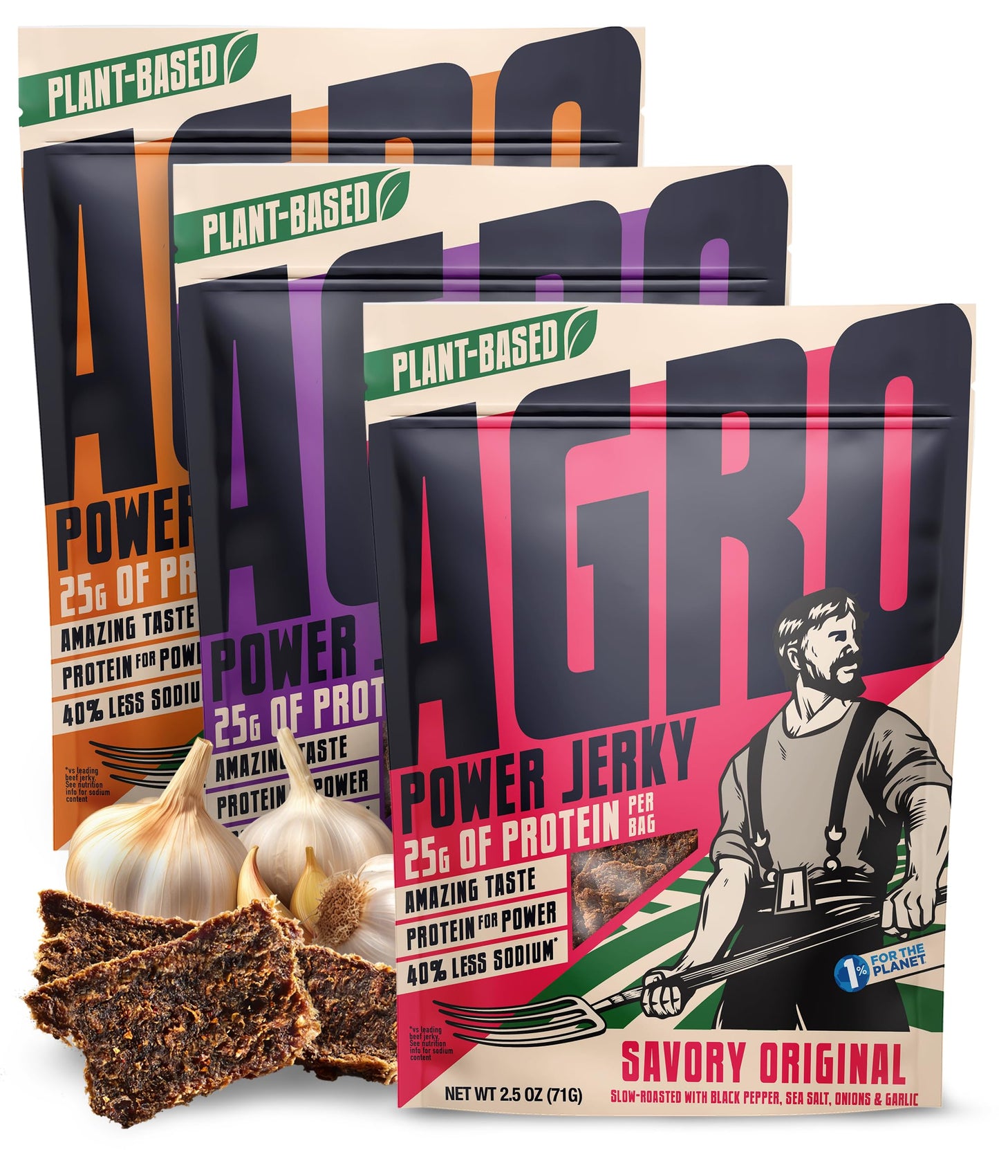 AGRO POWER Vegan Jerky, Variety Pack - Mouthwatering-Flavor Plant-Based Jerky with 40% Less Sodium - Meatless & Vegan Meat Jerky