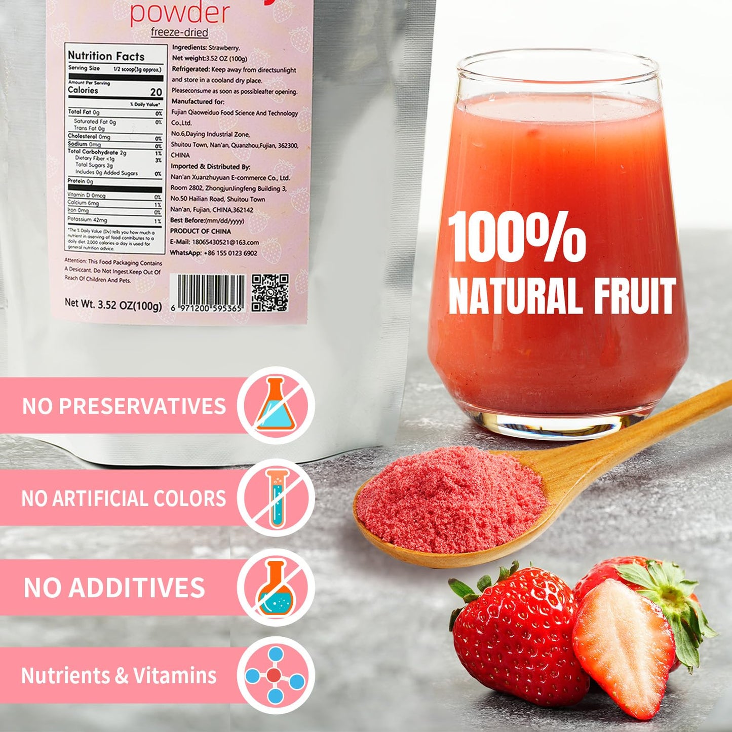 Ternio Freeze Dried Strawberry Powder - 100% Natural Snack - 3.52oz / 100g