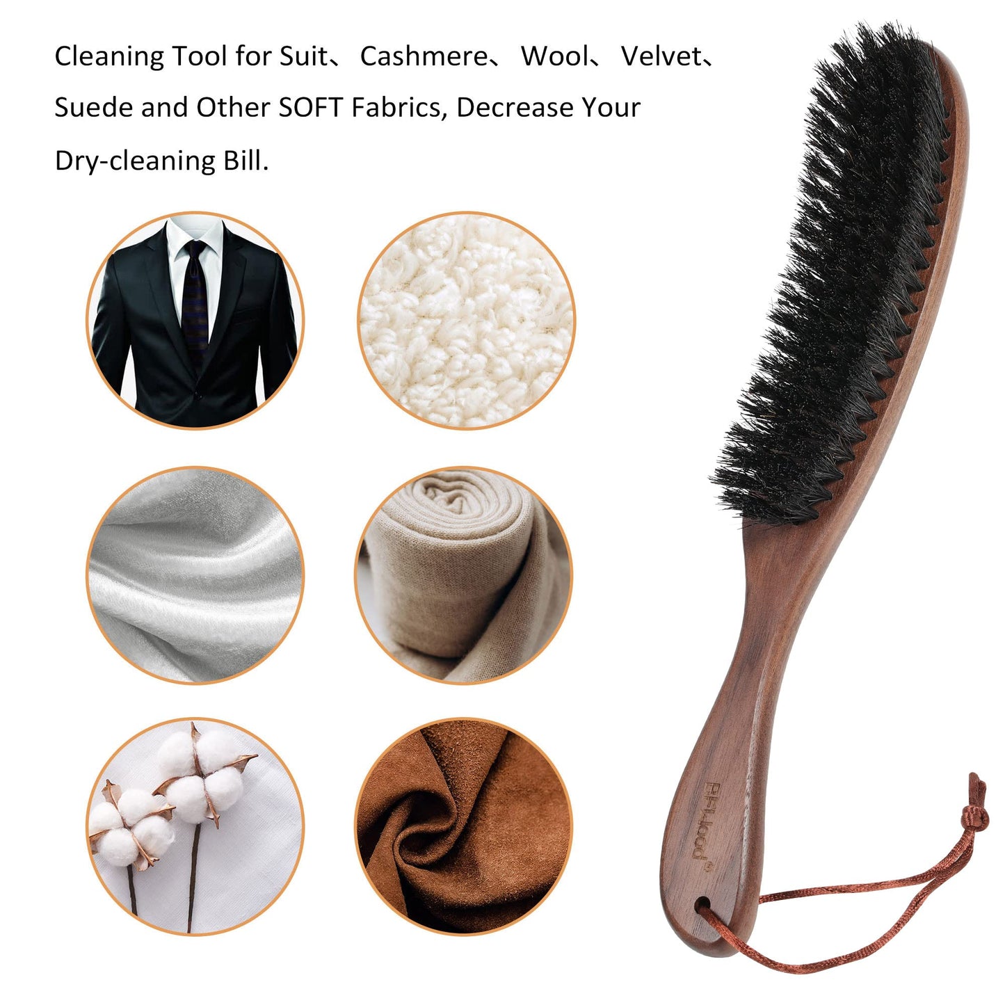 Bfwood Clothes Brush - Boar Bristle Lint Brush For Suits, Cashmere, Wool, Velvet, Suede And Pet Hair - Large Black Walnut Wood H