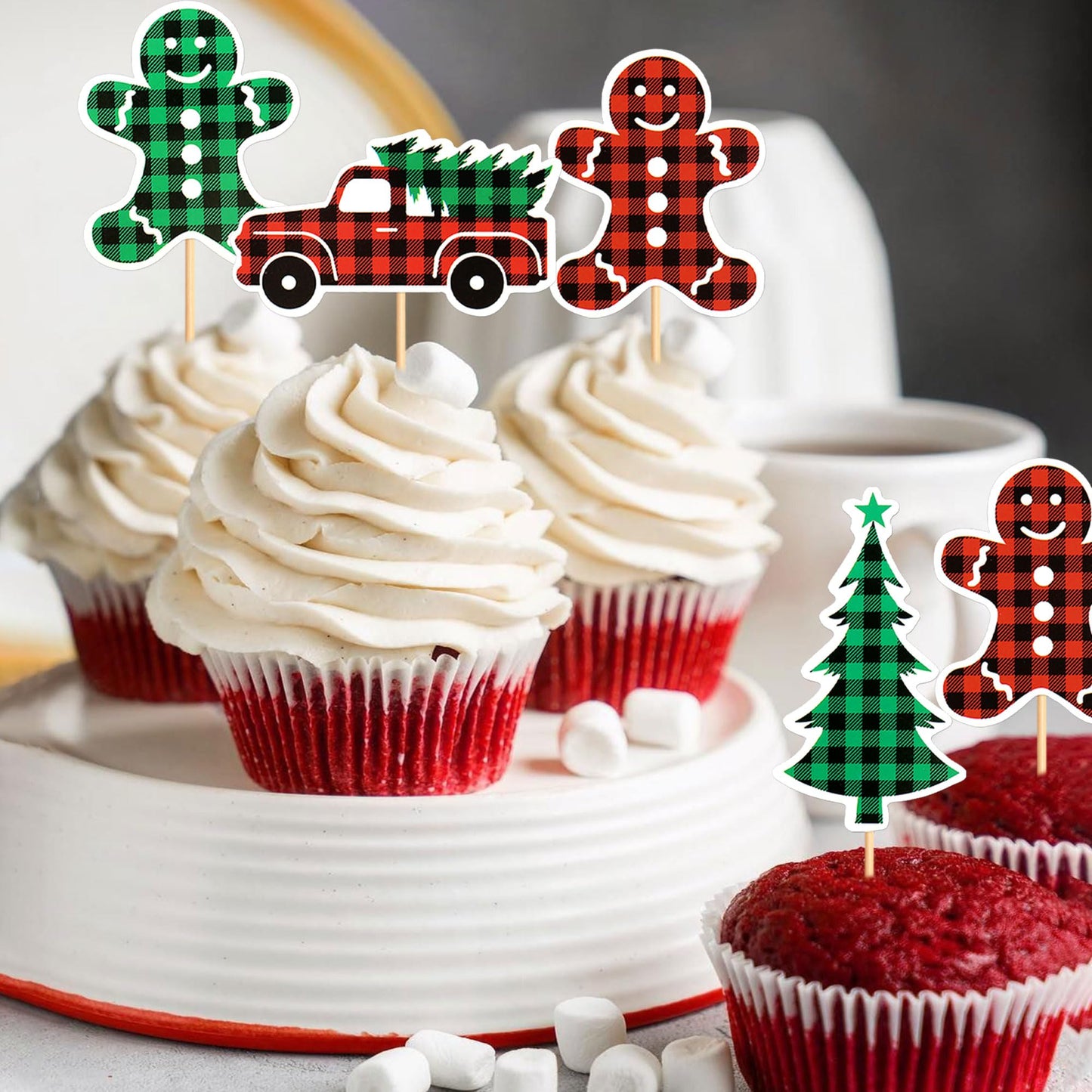 Ercadio 24 Pack Christmas Trees Cupcake Toppers, Paper, Merry Christmas Theme, Holiday Decorations, D-car Tree