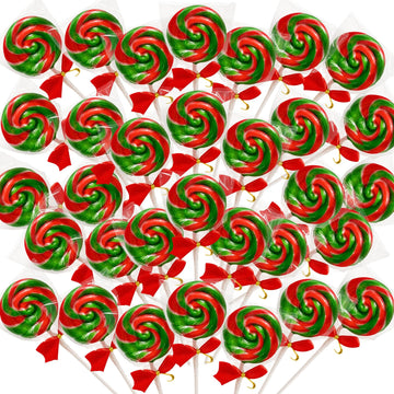 32 Pack Red-And-Green Twisty & Swirl Lollipops With Red Ribbon Bow, Lollipops Swirl Candy Individually Wrapped Bulk, Candy Lollipop Suckers For Christmas Stocking Stuffer & Candy Gifts