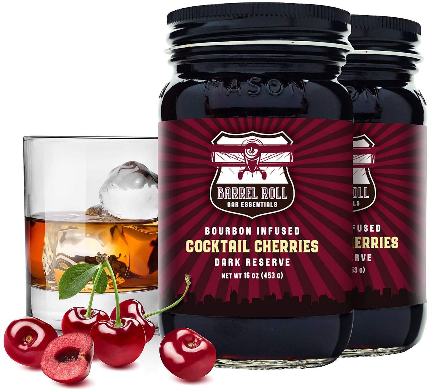 Barrel Roll Bar Essentials Mixed Flavor Cherries - Top-Grade Flavor Blend-Infused Dark Cherries For Mixed Flavors Beverage-Style Drinks Cheese Plates Ice Cream Toppings - Slow-Cooked Usa-Made Garnish - 2 X 16 Ounces
