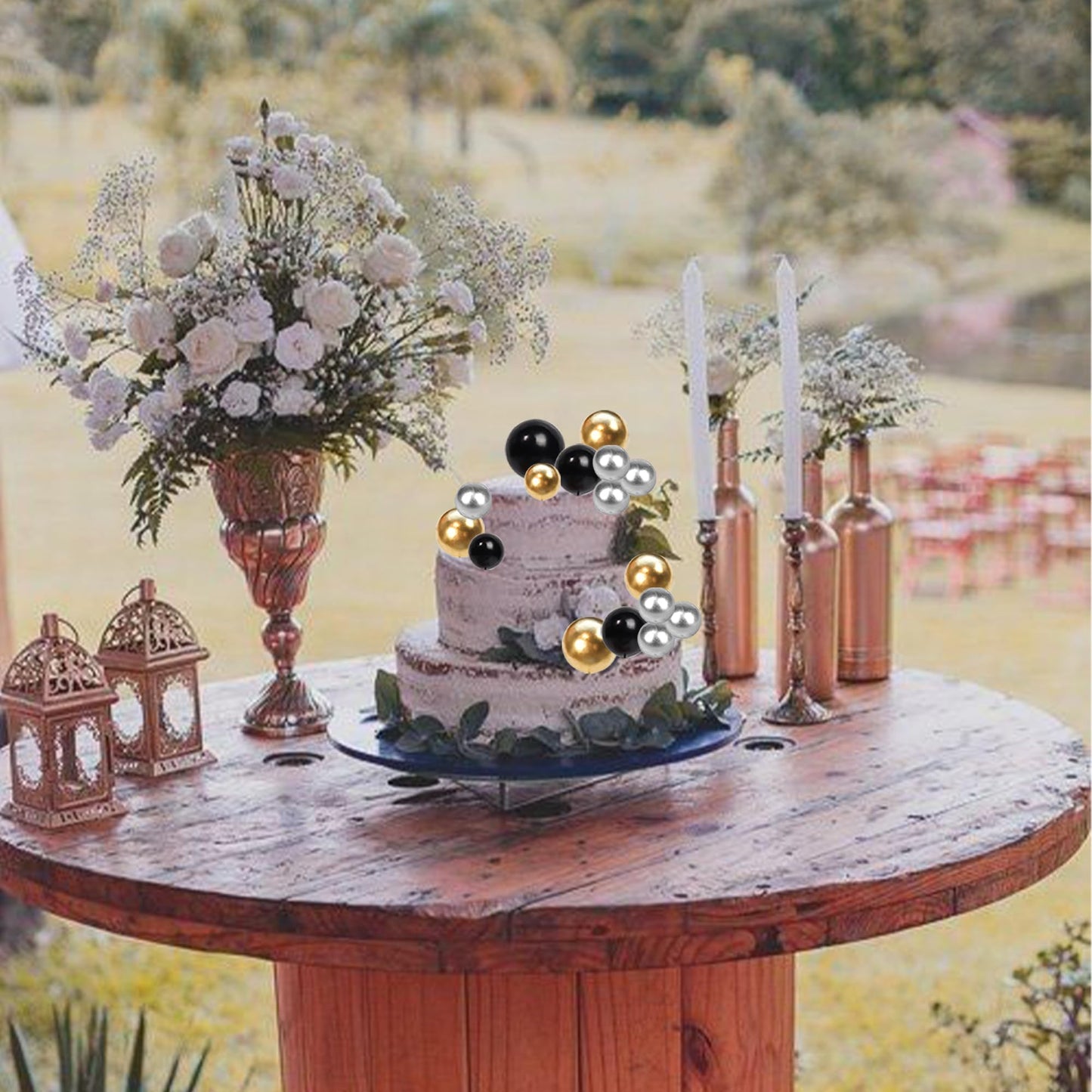 Rssta i Cake Topper Foam Balls 30 PCS Mini Decoration Picks for Baby Shower, Wedding, Birthday - Black Gold Silver - Model XM237