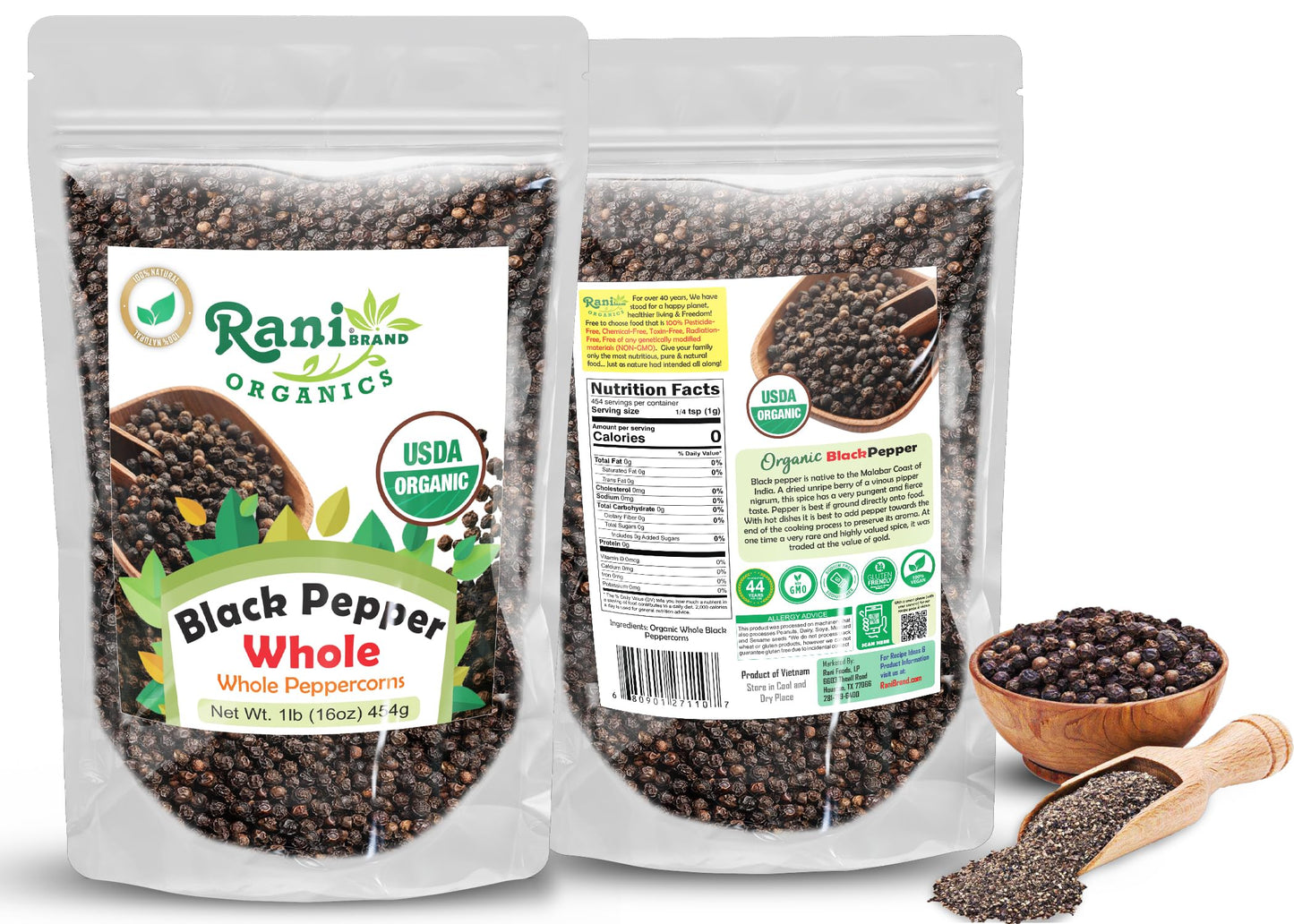 Rani Organic Black Pepper Whole (Peppercorns), Premium Mg-1 Grade 16Oz (1Lb) 454G ~ All Natural | Gluten Friendly | Non-Gmo | Usda Certified Organic | Kosher | Product Of Vietnam