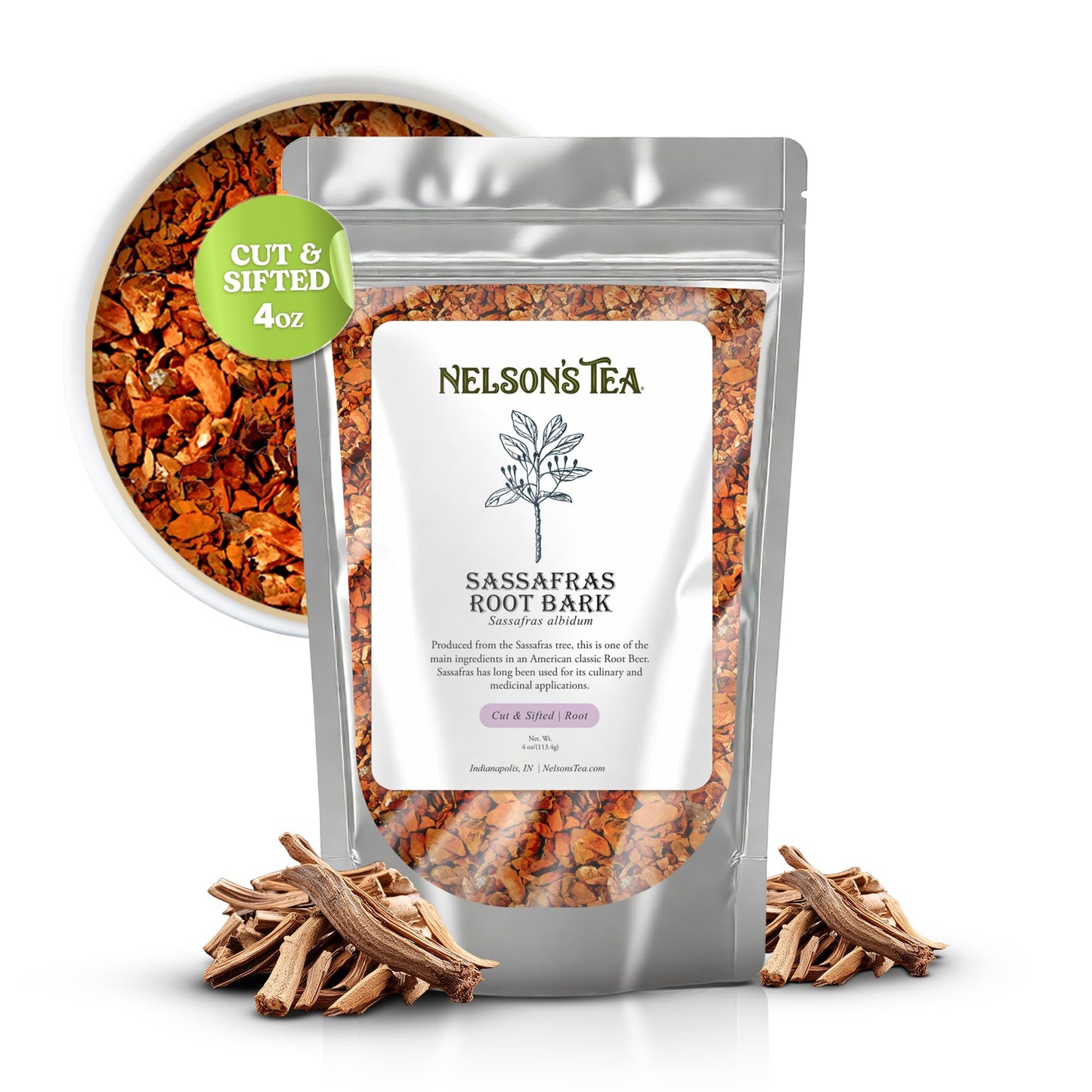 Nelsons Tea - Sassafras Root Bark Cut & Sifted - Energy Blend Free - Classic Root Malt Drink Herbal Blend Tea Top-Grade Sassafras Albidum Aroma For Brewing Mixing & Wellness Freshly Packed Resealable Bag -4Oz