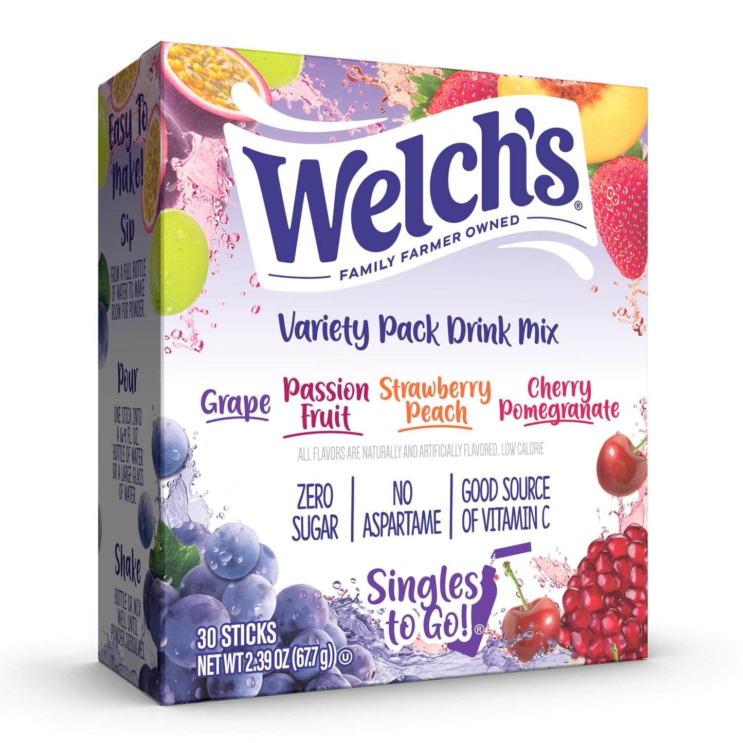 SINGLES TO GO! Welchs Singles To Go Variety Pack, Powdered Drink Mix, 30 Servings, 4 Flavors: Grape, Passion Fruit, Strawberry Peach, Cherry Pomegranate