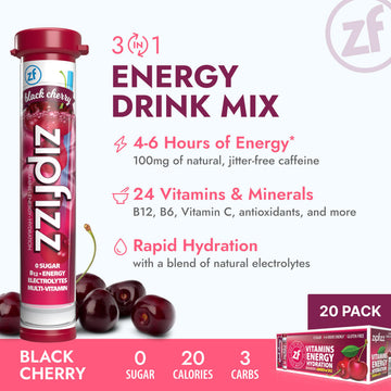Zipfizz Daily Energy Drink Powder, Sugar-Free, Electrolyte Powder, 20 Pack, Black Cherry, Contains Vitamin B-12 & Antioxidants