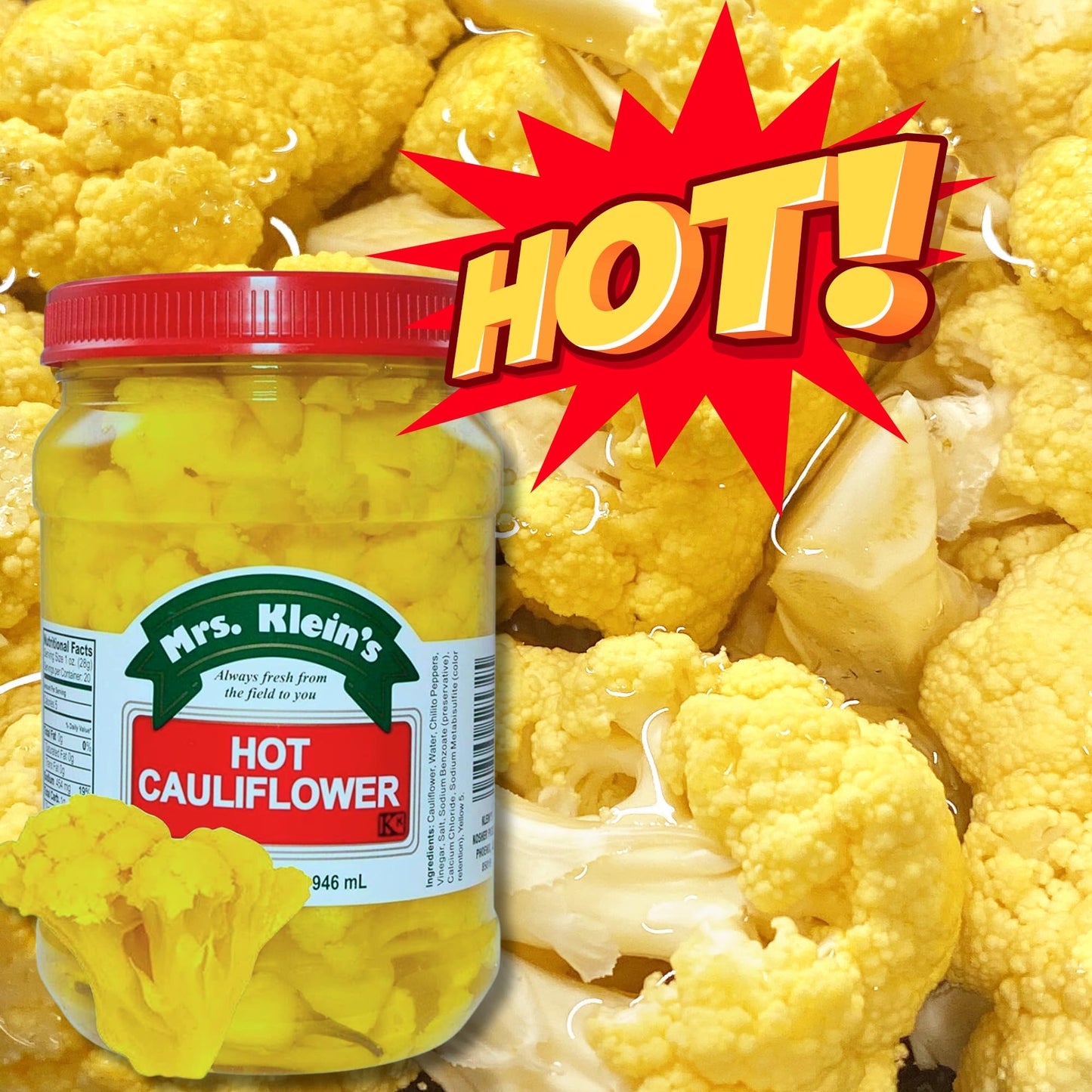 MRS. KLEIN'S Hot & Spicy Cauliflower Bites - Vegan, Low Carb Snack, Gluten Free, 1 Quart - Unique Salad Toppings, Made in the USA