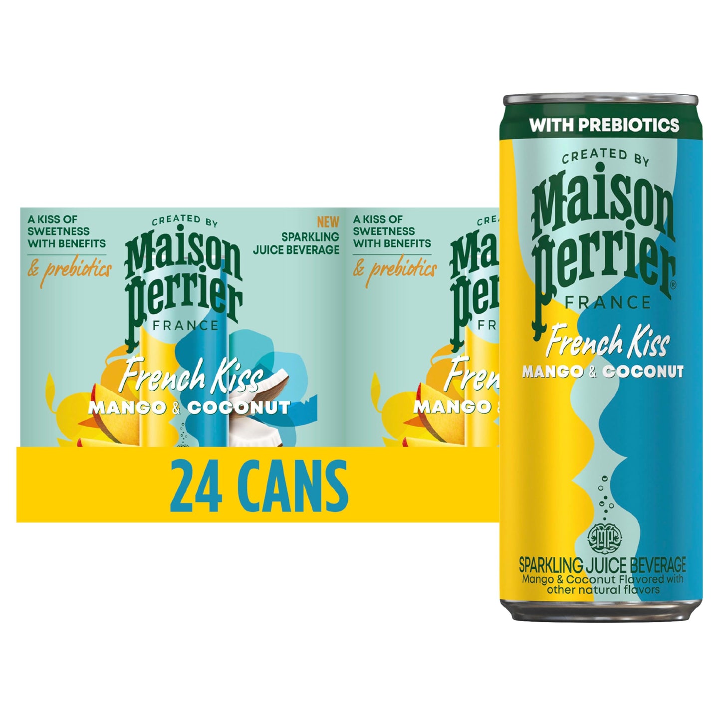 Maison Perrier French Kiss Sweetened Sparkling Juice Beverage, Mango & Coconut Flavors With Real Fruit Juices, 24Pk