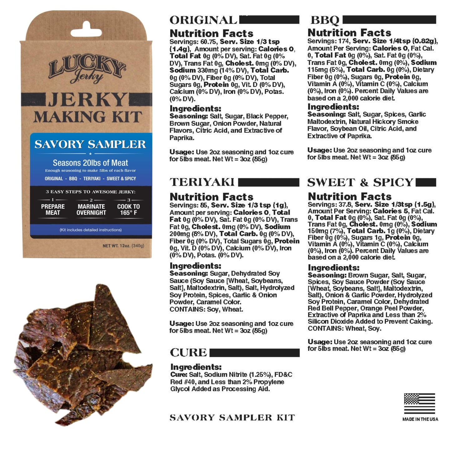 Lucky Jerky Ultimate Savory Diy Seasoning Kit - 12Oz - Original, Bbq, Teriyaki, Sweet & Spicy Flavors - Perfect For Homemade Bee