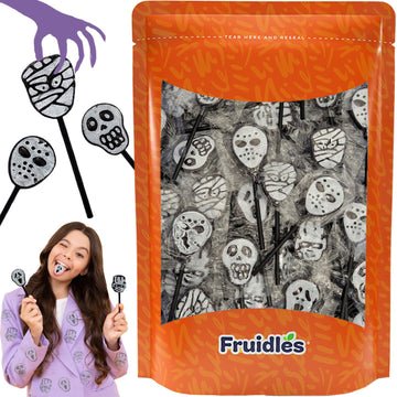 Fruidles Halloween Skulls, Mummies, And Ghosts Tattoo Lollipop Suckers Candy, Great For Halloween Goody Bag Fillers, Individually Wrapped (Half-Pound - Approx. 25 Suckers)