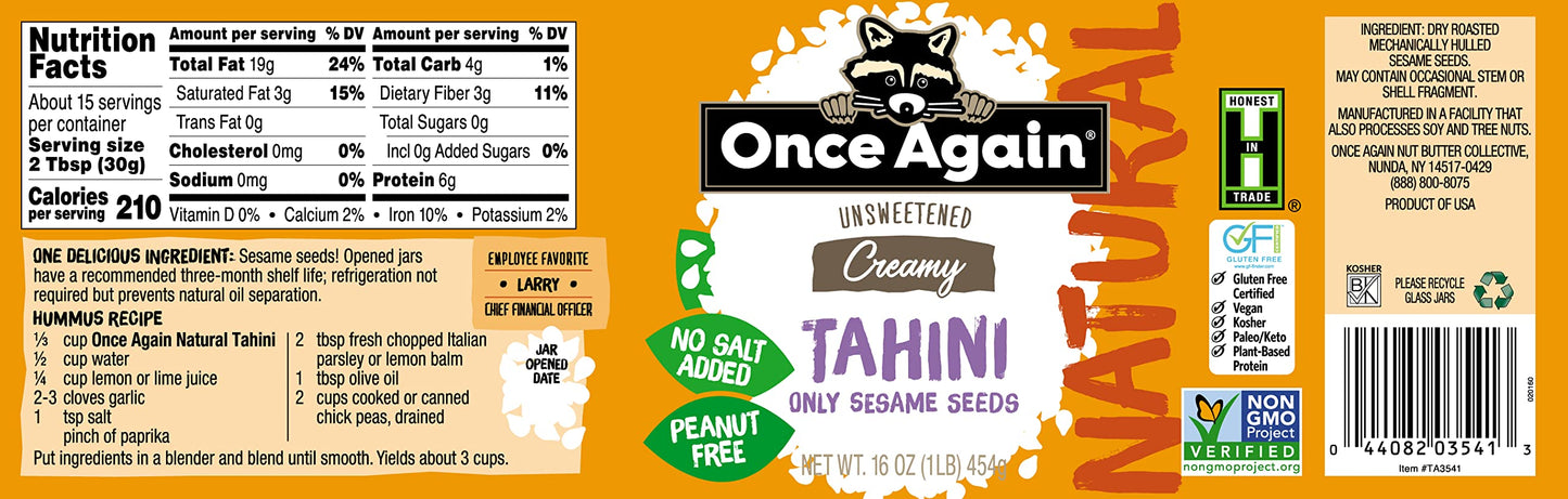 Once Again Natural Sesame Tahini, 16Oz - Salt Free, Unsweetened - Gluten Free Certified, Vegan, Kosher, Paleo, Peanut Free - Gla