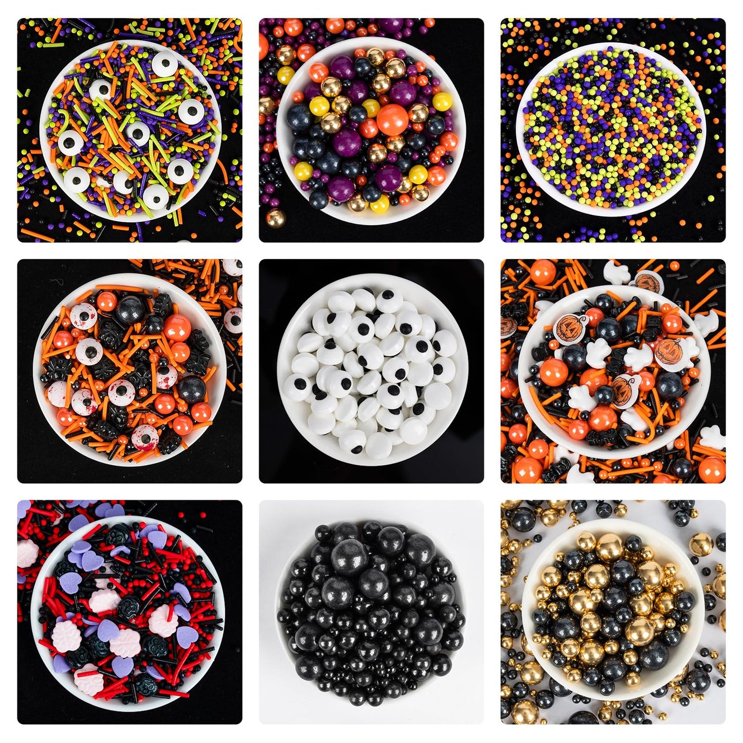 Edible Halloween Sprinkles,Black White Eyes Purple Green Orange and Black Pearls and Jimmies Mixed,130g/4.58ounce,Monster Sprink
