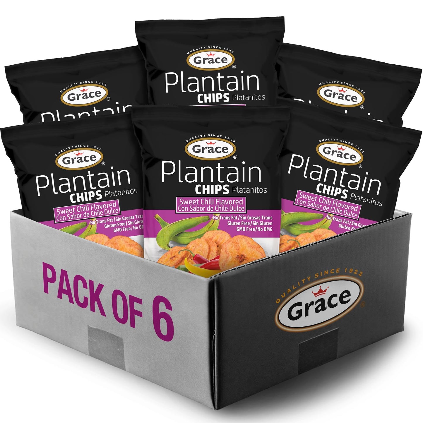 Grace Sweet Chili Plantain Chips 2.5oz - 6 Pack Individual Bags - Jamaican Snacks Platanitos Gluten Free - Non-GMO & Low Sodium