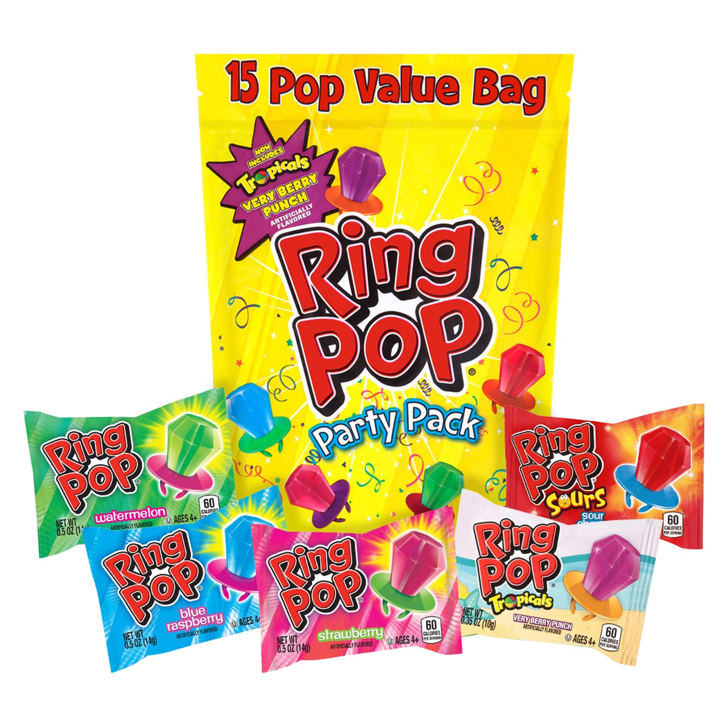 Ring Pop Individually Wrapped Bulk Lollipop Variety Party Pack - 15 Count Lollipop Valentines Day Suckers W/ Assorted Fruity Fla