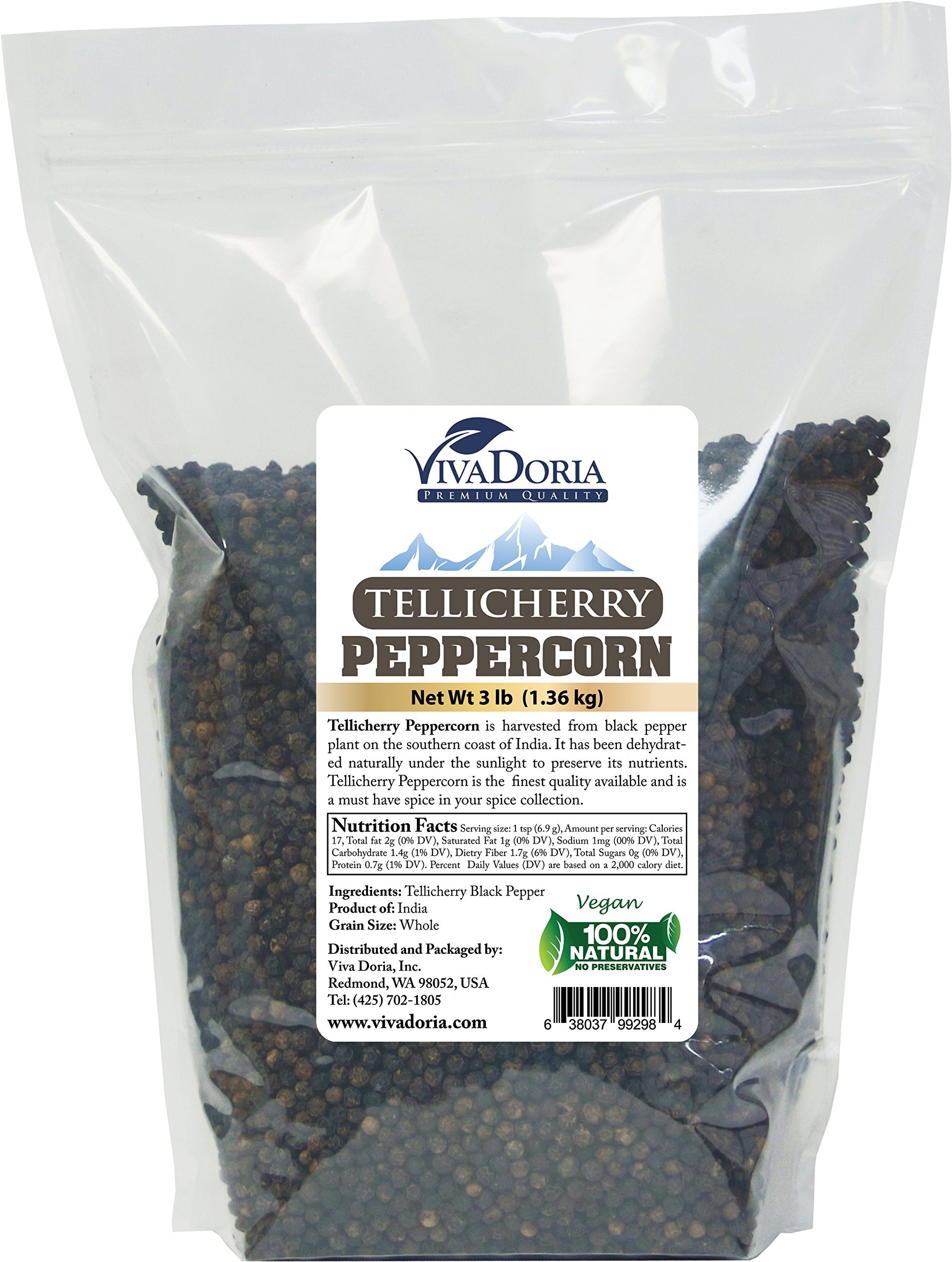 Viva Doria Tellicherry Black Peppercorn, Steam Sterilized Whole Black Pepper, 3 Pound, For Grinder Refills