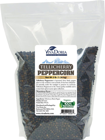 Viva Doria Tellicherry Black Peppercorn, Steam Sterilized Whole Black Pepper, 3 Pound, For Grinder Refills