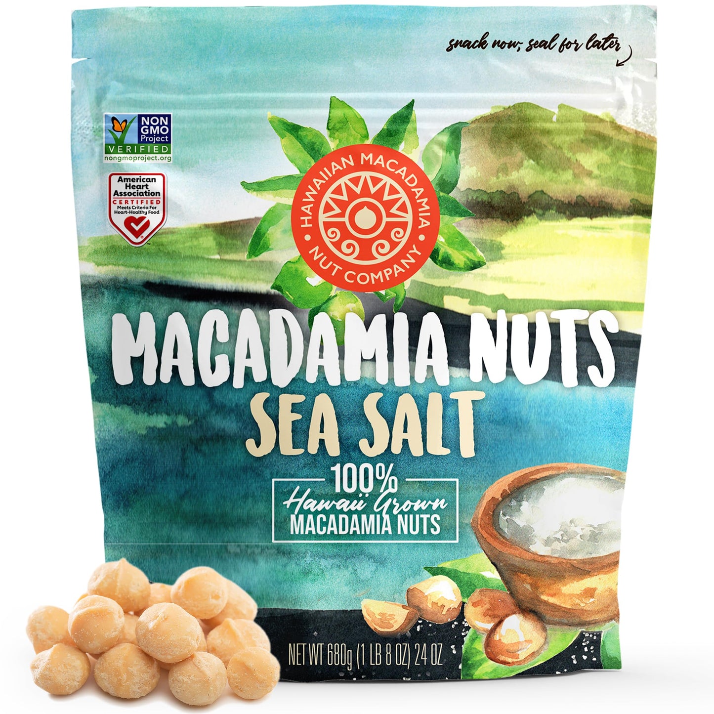 Hawaiian Macadamia Nut Company Dry Roasted Macadamia Nuts with Sea Salt 24 Oz Source of Fiber Gluten-Free and Certified Non-GMO enhanced Quality Crunchy and Delicious