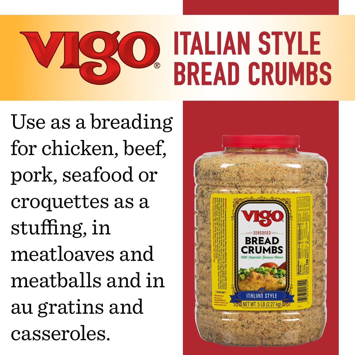 Vigo Italian Style Seasoned Bread Crumbs with Imported Roman Cheese, 5 lb Pack