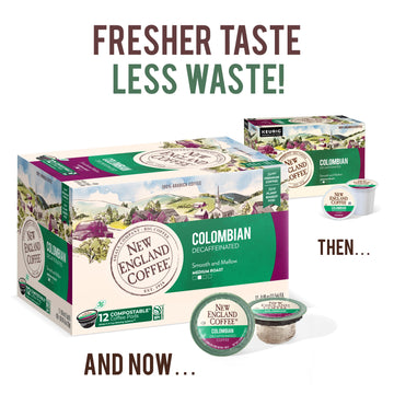 New England Coffee Colombian Decaffeinated Medium Roast Single Serve Pods, 12Ct Box (Pack Of 1)