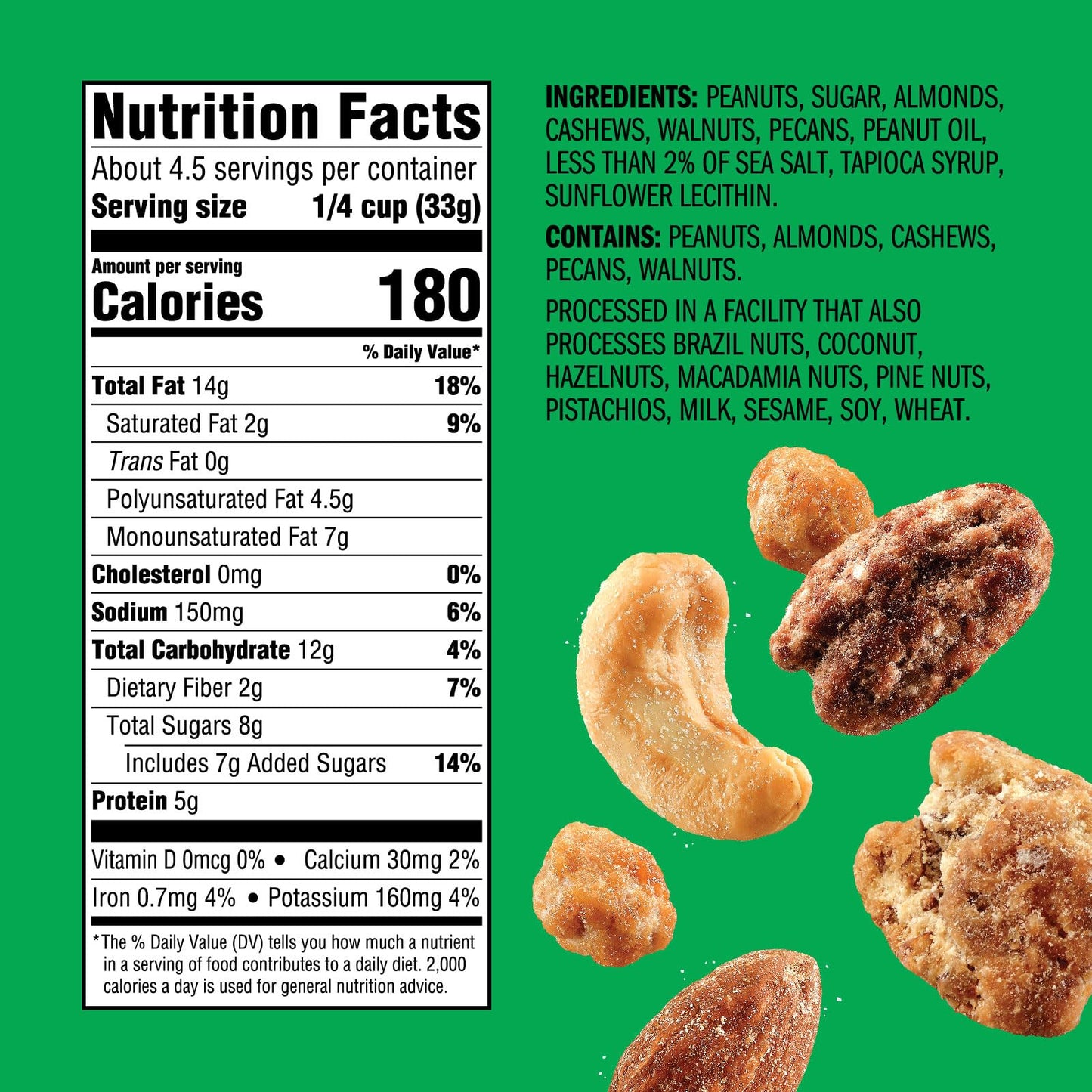 Emerald Salty Sweet Mixed Nuts, Kettle Glazed Peanuts, Almonds, Cashews, Walnuts, Pecans, 5.5oz Resealable Bag, Green