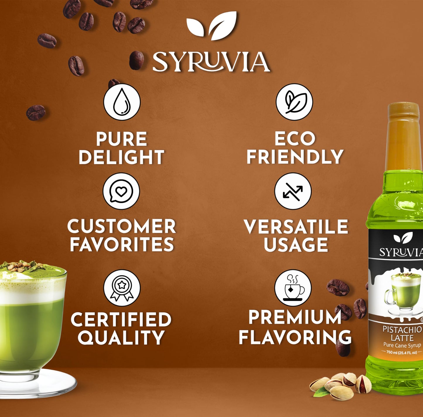 Syruvia Pistachio Latte Syrup - Pistachio Latte Syrup Flavor, 25.4 Fl Oz - Perfect For Cocktails, Ice Tea, Desserts, Italian Sod