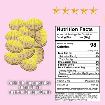 Bubs Banana Sweet Ovals. 1 POUND of Banana Toffee Caramel Soft & Chewy Swedish Candy Marshmallow Gummy Hybrid. Vegan Gluten and Gelatin Free Foam Godis. Packed and Imported From Sweden by Nrdiq Candy.