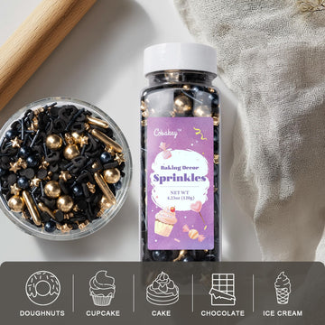 Black & Gold Star Sprinkles For Cake Decorating 4.23Ounce - Sugar Mix Contains Gold Star & Pearl Sprinkles For Cupcake Toppers,