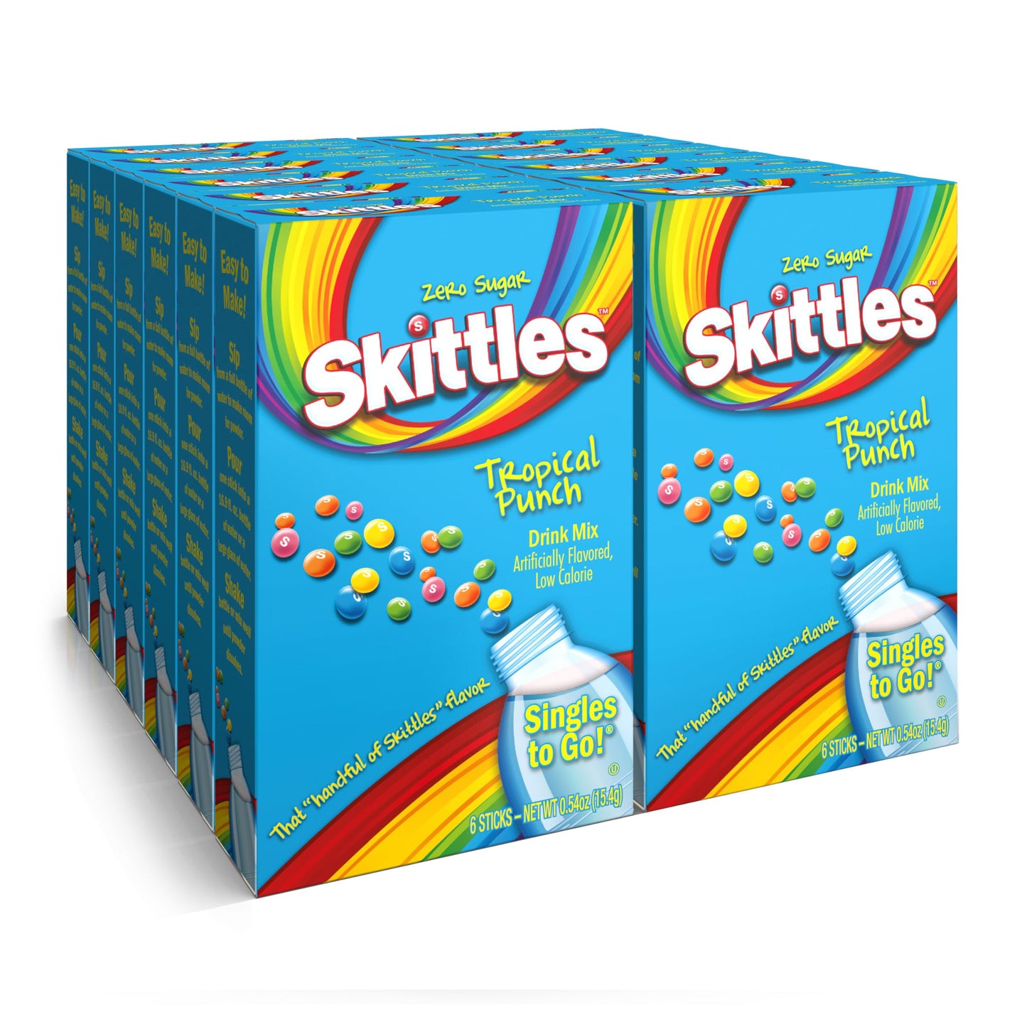 Skittles Tropical Punch Singles To Go Powdered Drink Mix, Zero Sugar, Low Calorie, Includes 12 Boxes, 6 Servings Per Box, 72 Tot