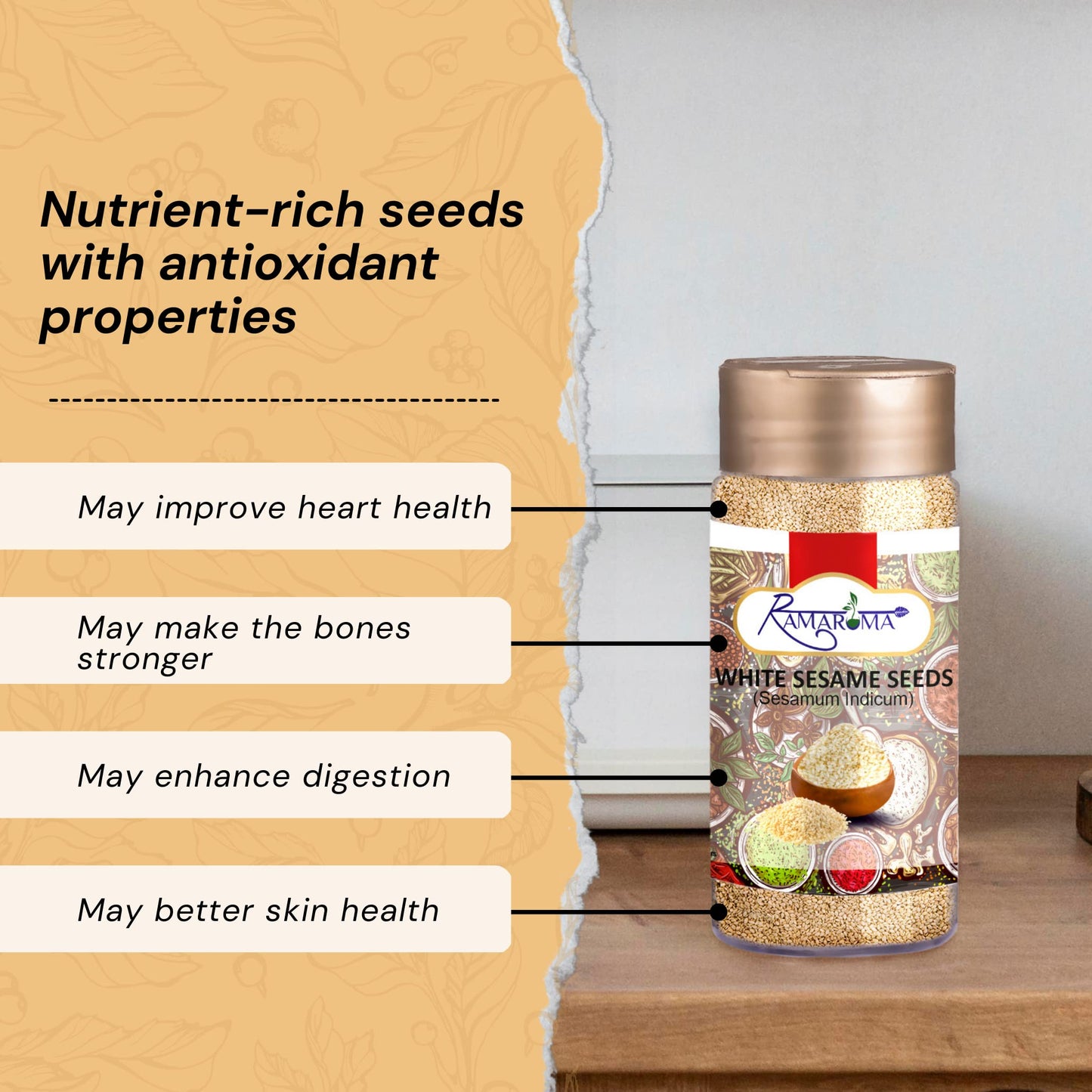 Ramaroma, Organic Hulled Sesame Seeds (100G/3.5Oz) Non-Gmo, Vegan | Rich & Pure Whole Raw White Sesame Seeds | Perfect For Noodl