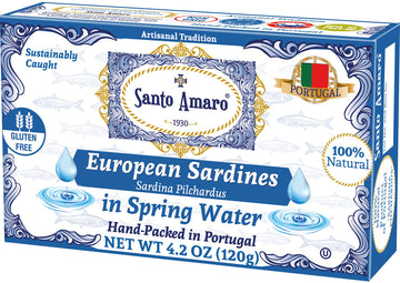 Santo Amaro - Authentic European Sardines in Water, Hand-Packed Canned Sardines Wild Caught Sardines in Water, Sea Salt, 140 Cal