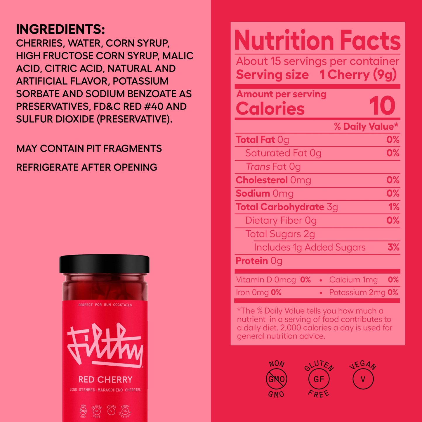 Filthy Food Premium Maraschino Cocktail Cherries, Non-GMO, Vegan, 9 Oz Jar, Long Stemmed, Gluten Free