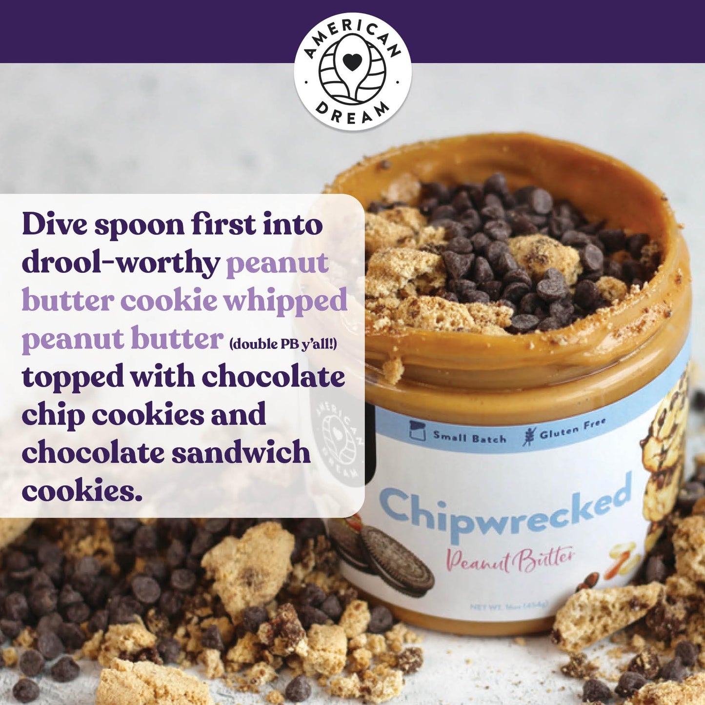 American Dream Nut Butter Chipwrecked Peanut Butter, Gluten-Free, 16 Ounce - Delicious Nut Spread for Healthy Snacking
